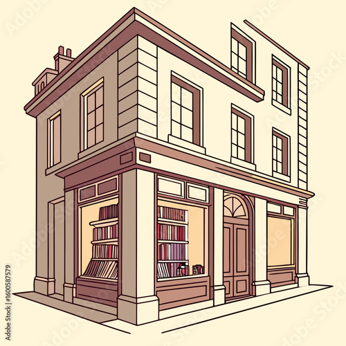 Charming Vintage Bookstore Facade – Quaint Old Bookshop Exterior Illustration

