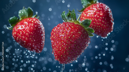 Photo of fresh strawberries covered with water drops. Dark blue uniform background.