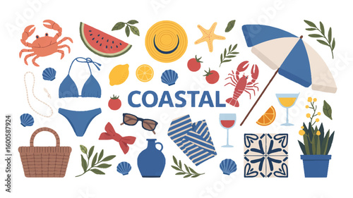 A flat lay illustration of coastal and Mediterranean elements arranged in a horizontal composition. The word COASTAL appears in blue letters in the center 