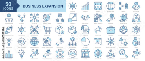Business Expansion icon collection set. Containing market, profit, growth, supply chain, merger, acquisition, market share, diversification, product development, emerging markets. Simple blue vector