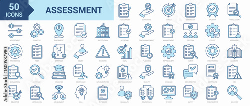 Assessment icon collection set. Containing guarantee, target, checklist, validity, conclusion, evaluation, objective, quality, standard, strategy, result, verification, audit icon. Simple blue vector