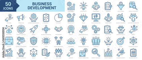 Business Development icon collection set. Containing promotion, business management, strategy, efficiency, productivity, value, online marketing, commitment, partnership icon. Simple blue vector