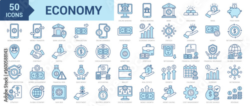 Economy icon collection set. Containing online banking, mobile banking, bank, gold bars, wage, piggy bank, mobile payment, placeholder, payment protection, money, fintech icon. Simple blue vector