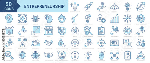 Entrepreneurship icon collection set. Containing innovation, leadership, creativity, initiative, visionary, business, agility, project management, opportunity, partnership icon. Simple blue vector