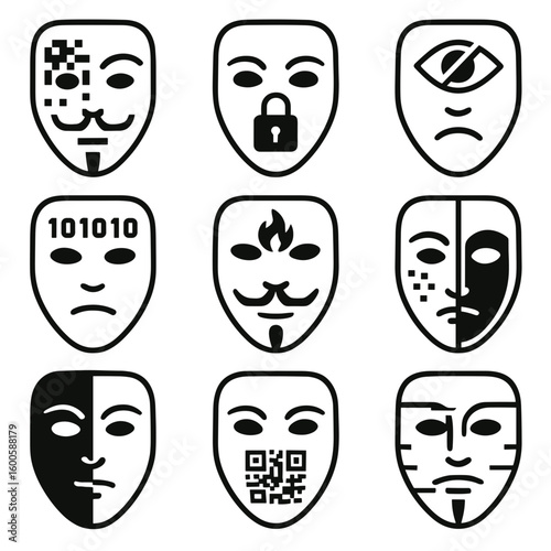 Anonymous mask illustrations with various symbolic designs  