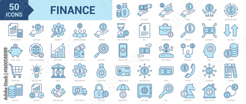 Finance icon collection set. Containing payment, revenue, price, loan, exchange rate, accounting, piggy bank, shopping, budget, increase, research, crowdfunding, investment icon. Simple blue vector