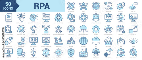 RPA icon collection set. Containing robot, automation, production, AI, workflow, efficiency, productivity, integration, industry, optimization, IoT, digital transformation icon. Simple blue vector