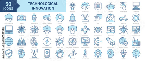 Technological Innovation icon collection set. Containing innovation, technology, AI, automation, IoT, sustainable technology, blockchain, smart factory, fintech, smart city icon. Simple blue vector