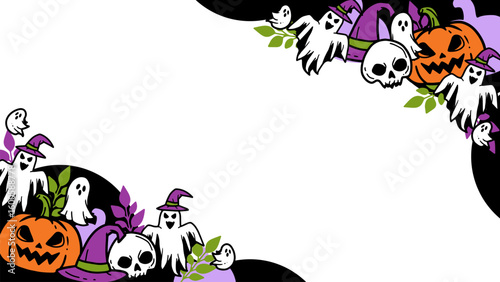Cute Halloween with Leaves, Ghosts, and Witch. Perfect for Halloween party, invitations, social media, or printable decorations. Fun Halloween frame with a mix of spooky and cute elements.