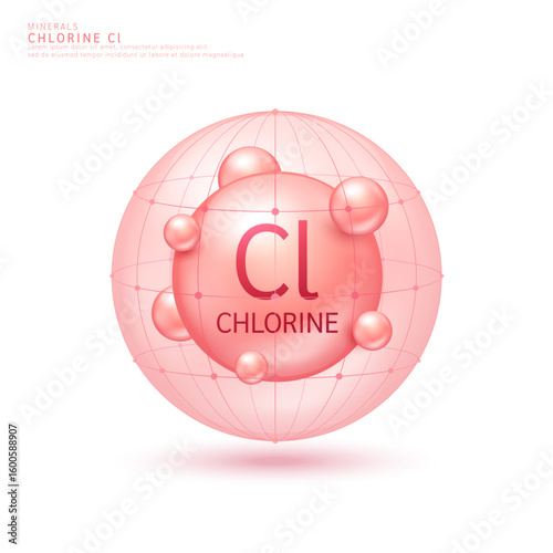 Chlorine minerals ball red in dome on white background. Vitamins complex. Used for design cosmetic or dietary supplement products. 3D vector.