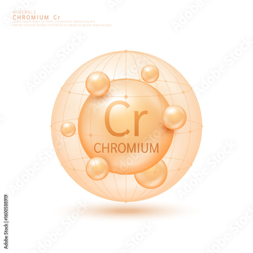 Chromium minerals ball orange in dome on white background. Vitamins complex. Used for design cosmetic or dietary supplement products. 3D vector.