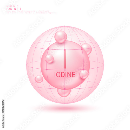 Iodine minerals ball pink in dome on white background. Vitamins complex. Used for design cosmetic or dietary supplement products. 3D vector.