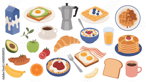 A flat, minimalist illustration of a breakfast and brunch scene arranged in a scattered layout against a white background 