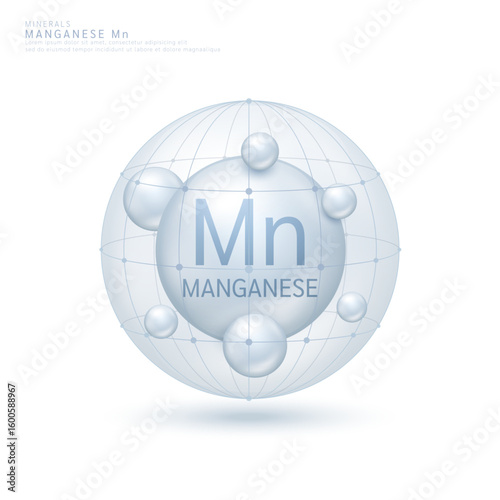 Manganese minerals ball grey in dome on white background. Vitamins complex. Used for design cosmetic or dietary supplement products. 3D vector.