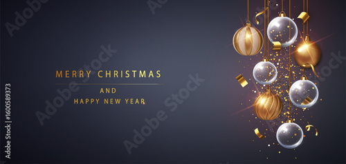 Merry Christmas and Happy New Year banner with 3D glass baubles and golden confetti on dark blue background. Elegant festive design.