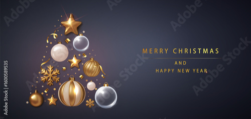 Christmas and New Year vector banner. Glass ornaments and gold confetti on navy background. 3D festive balls with ribbons.