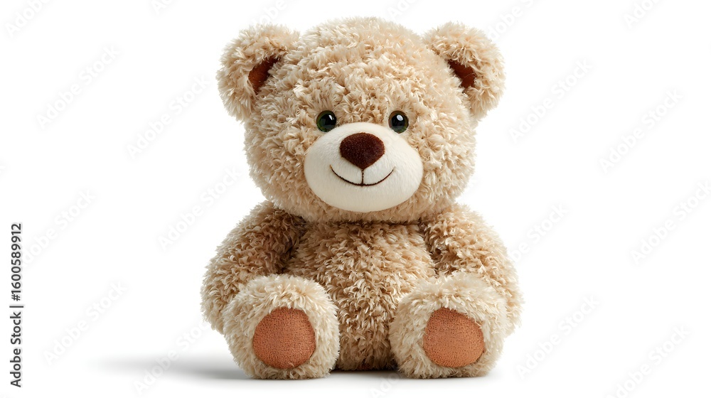 Fototapeta premium Beige teddy bear sitting on a white background.