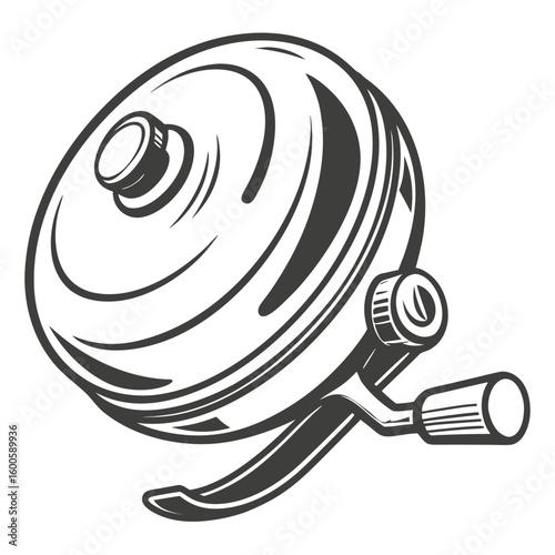 Illustration of a fishing reel with a handle and a spool, presented in a monochrome color scheme style