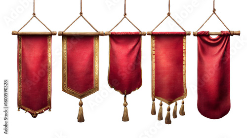 Medieval red flags, hanging royal banners with gold border. Blank cloth pennants, vintage vertical fabric flags isolated on transparent background, vector realistic set