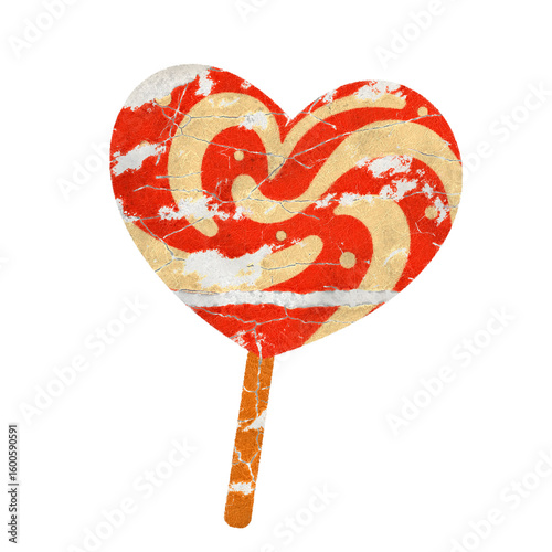Cracked pink heart candy sticker with vintage distressed texture. Retro Valentine’s Day element in grunge style. Perfect for love themes, cards, nostalgic designs or Christmas element design