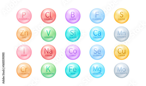 Minerals ball collection on white background. Vitamins complex. Used for design cosmetic or dietary supplement products. 3D vector.