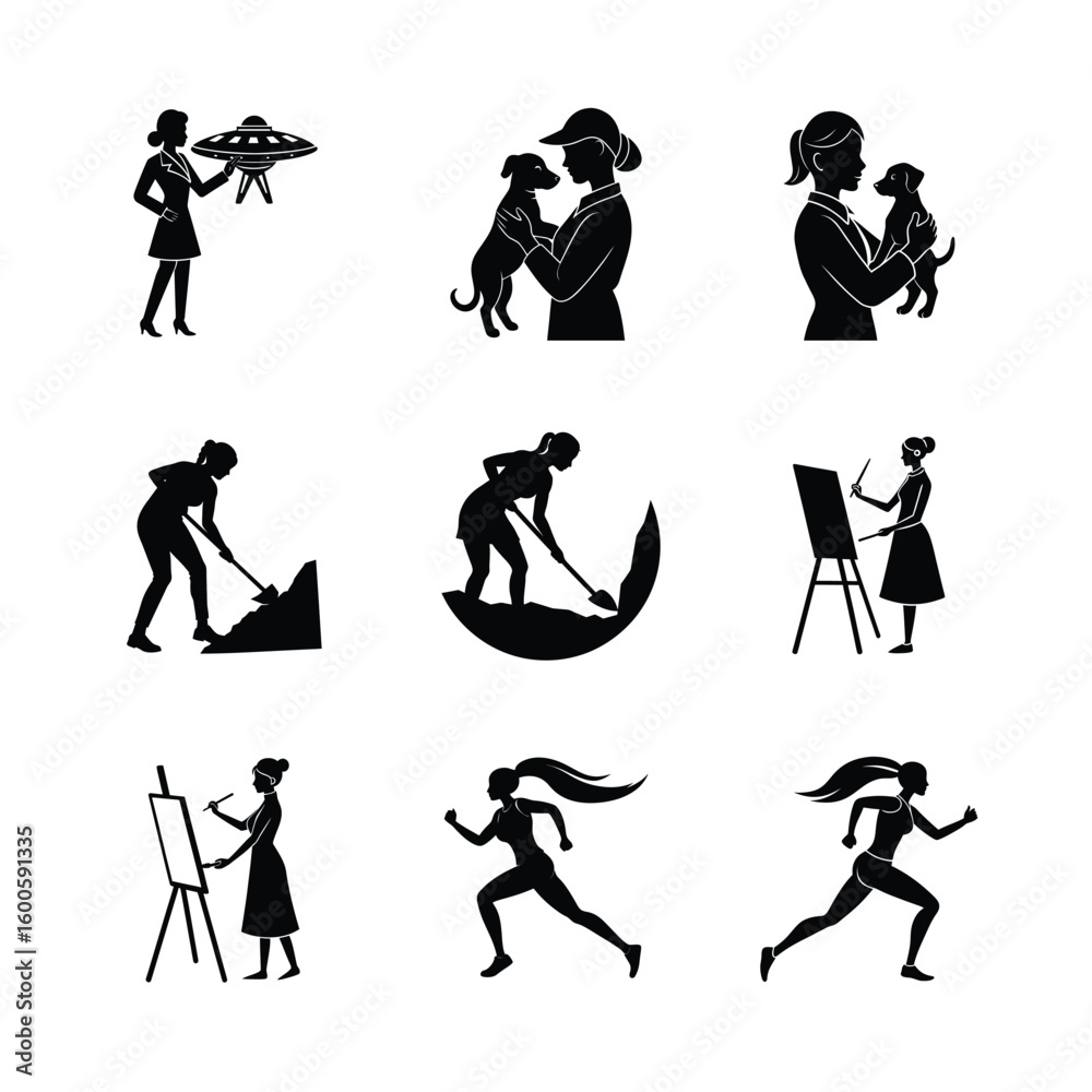 Obraz premium Set of Women in Various Activities Silhouettes