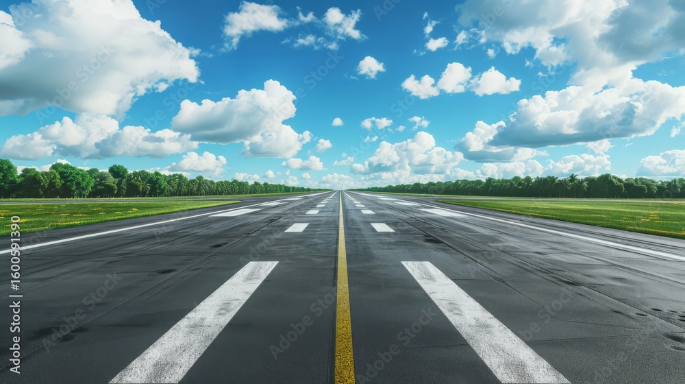 Fototapeta premium A wide, empty asphalt runway stretches into a bright blue sky, flanked by lush green fields and fluffy clouds, evoking a sense of freedom and adventure.