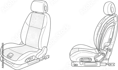 Car seat technical drawing, front view, side view, headrest design, seat cushion sketch, adjustable backrest, automotive seat layout, vehicle interior, ergonomic seat, seat mechanism, recliner functio