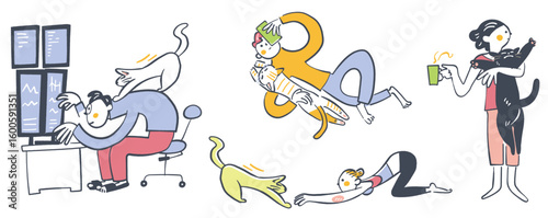 ペットとの生活　ネコを飼う人々　伸びている猫　セットのストックイラスト素材

