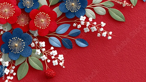 Vintage 3D Render of Blue Floral Elements with Red Background Design