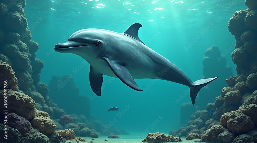 Obraz premium A graceful dolphin swims through a sunlit underwater canyon surrounded by coral reef formations.