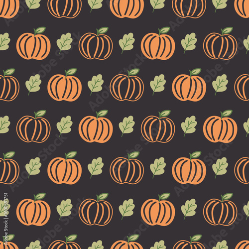 Ripe Orange Pumpkin Vector Pattern with Leaves. Ideal for seasonal packaging, fabric prints, autumn-themed invitations, Thanksgiving decorations, and festive backgrounds.