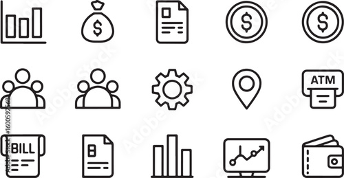 Financial Business Icons Set with Money, Graph, and Banking Symbols