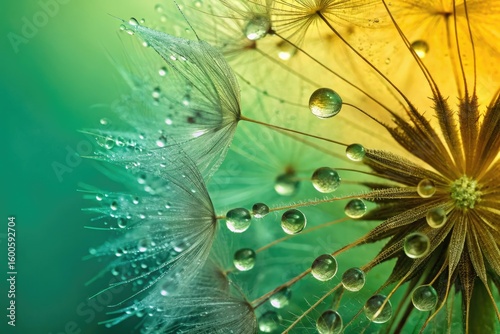 Close up view of a dandelion with water droplets in macro photography.