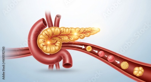 Pancreatic insulin production and release into bloodstream, illustrated.