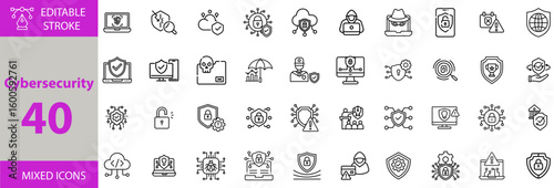 Cybersecurity and Network Protection Icon Set – Editable Vector Illustrations for Data Security, Firewall, Ethical Hacking, Virus Protection, Privacy, and Cybercrime Prevention