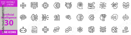 Artificial Intelligence and Machine Learning Icon Set – Editable Vector Illustrations for AI Technology, Data Science, Automation, Neural Networks, Robotics, and Smart Systems