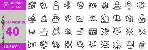 Cybersecurity and Data Protection Icon Set – Editable Vector Illustrations for Network Security, Firewall, Ethical Hacking, Privacy, Virus Protection, and Cybercrime Prevention