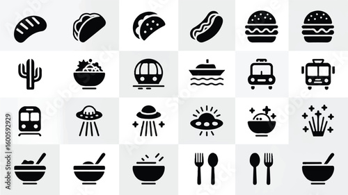 A set of 25 black and white icons arranged in a 5x5 grid format. The top row shows food items a curved bread loaf, a sandwich, a taco, a hot dog, and a hamburger.  
