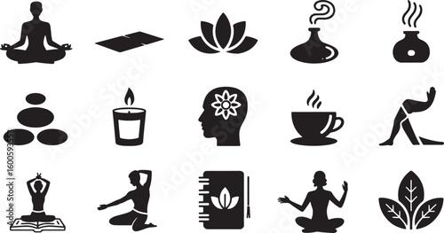 Wellness and Relaxation Black Silhouette Icons on Transparent Background for Spa and Yoga