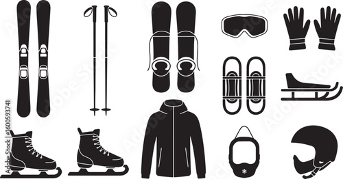 Winter Sports Equipment Black Silhouette Icons on Transparent Background for Recreation