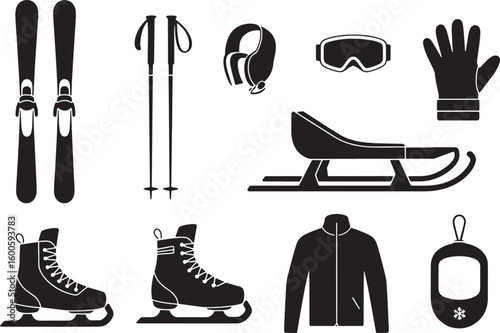Winter Sports Equipment Black Silhouette Icons on Transparent Background for Recreation