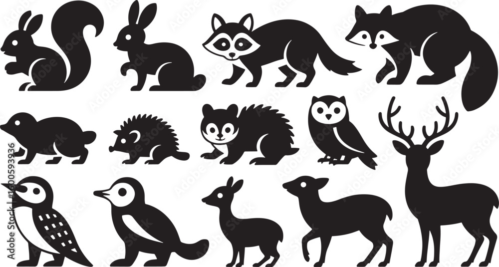 Obraz premium Silhouette Forest Animals Set Vector Illustration Woodland Wildlife Creatures Design Elements
