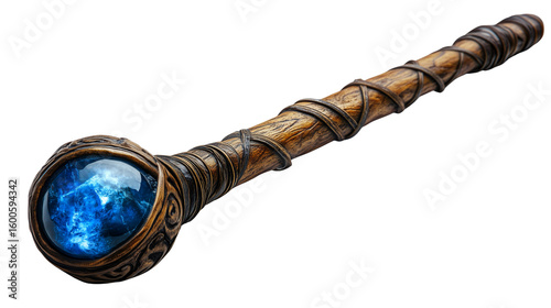 Artistic rendering of a magical staff with gemstone core and fantasy wood texture design on transparent background