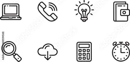Laptop phone light bulb wallet magnifying glass cloud calculator alarm clock computer technology