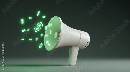White megaphone emits glowing green dollar signs