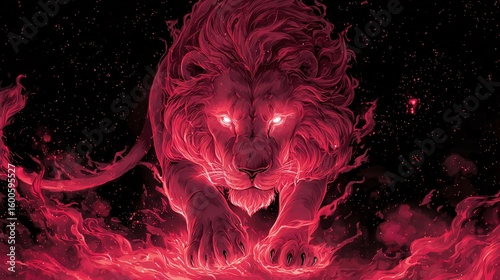 glowing red lion with fiery mane, fierce and powerful predator