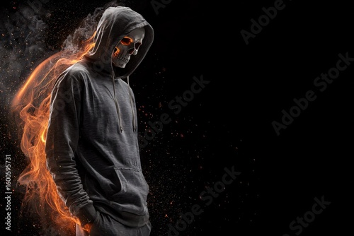 dark hooded skull in fire flames with glowing embers and dramatic lighting fantasy digital art horror concept
