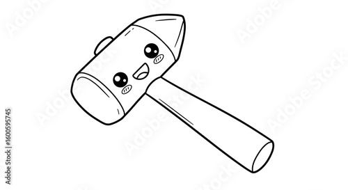 Cute cartoon mallet with smiling face and big eyes in outline style  