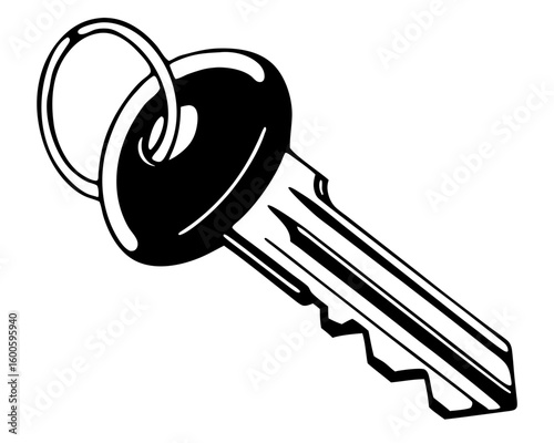 Simple black and white illustration of a key on a keyring silhouette